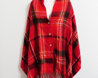 Vintage red plaid tassel poncho blanket shawl cape with front buttons