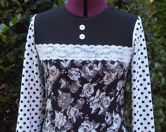 Polka dot t-shirt, black white shirt, long sleeve tee, patchwork t-shirt, fall winter shirt, floral top, romantic jersey blouse, casual top