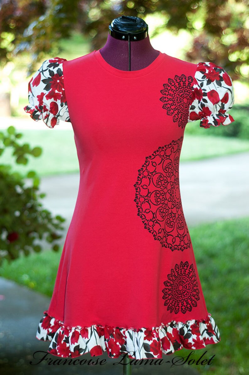 jersey spring summer blouse floral jersey tunic top red t-shirt dress Red black doily tunic short dress ruffled top hand printed shirt