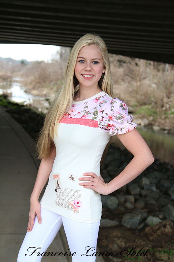 Size Small Romantic Paris t-shirt country chic women's top peach ivory tee bamboo cotton shirt everyday fashion puff sleeve wearable art