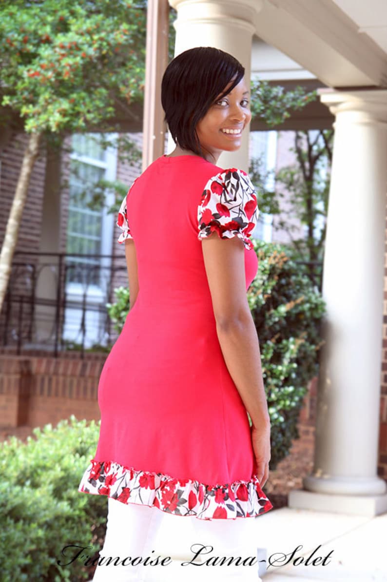 jersey spring summer blouse floral jersey tunic top red t-shirt dress Red black doily tunic short dress ruffled top hand printed shirt