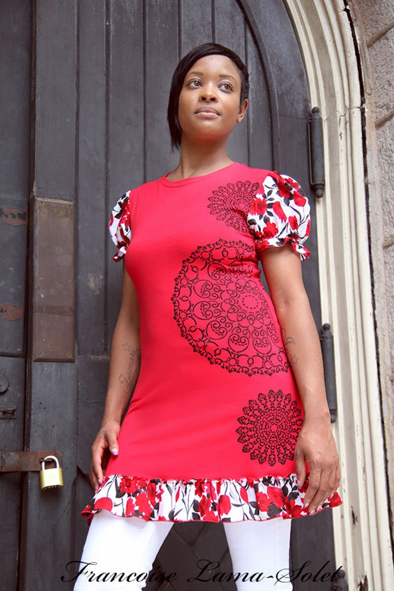jersey spring summer blouse floral jersey tunic top red t-shirt dress Red black doily tunic short dress ruffled top hand printed shirt