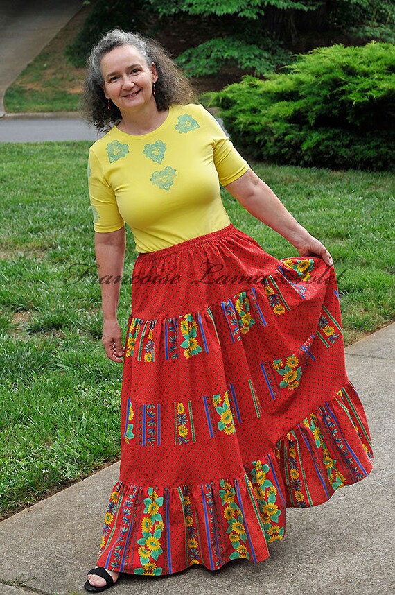 M L Bohemian Gypsy Maxi Skirt Provence French Riviera Tiered Long