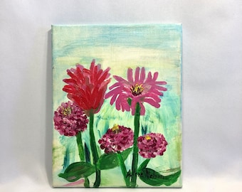 May include: A painting of pink and red flowers on a blue and green background. The artist's signature, "Allene Nelson", is in the bottom right corner.