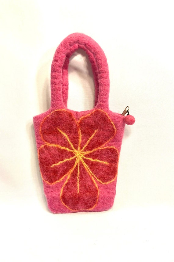 Pink Wool Handcrafted Purse-Flower Design-Made in… - image 7