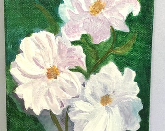 Acrylic Painting - White Flowers-green Background 5