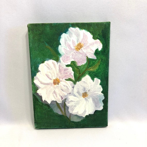 油絵アート（green flower） Acrylic Painting - White Flowers-green Background 5