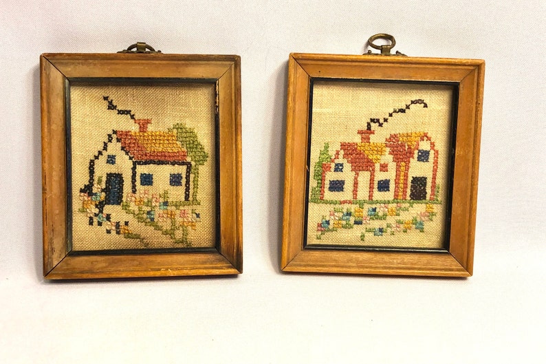 Embroidered Pair of Small Framed Country Farm Homes