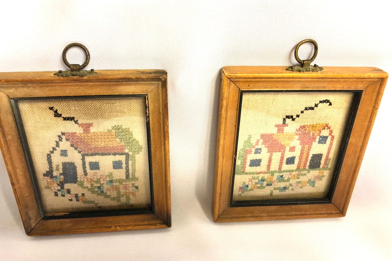 Embroidered Pair of Small Framed Country Farm Homes