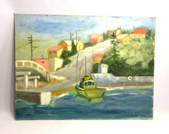 Acrylic vintage painting small village harbor-on canvas board