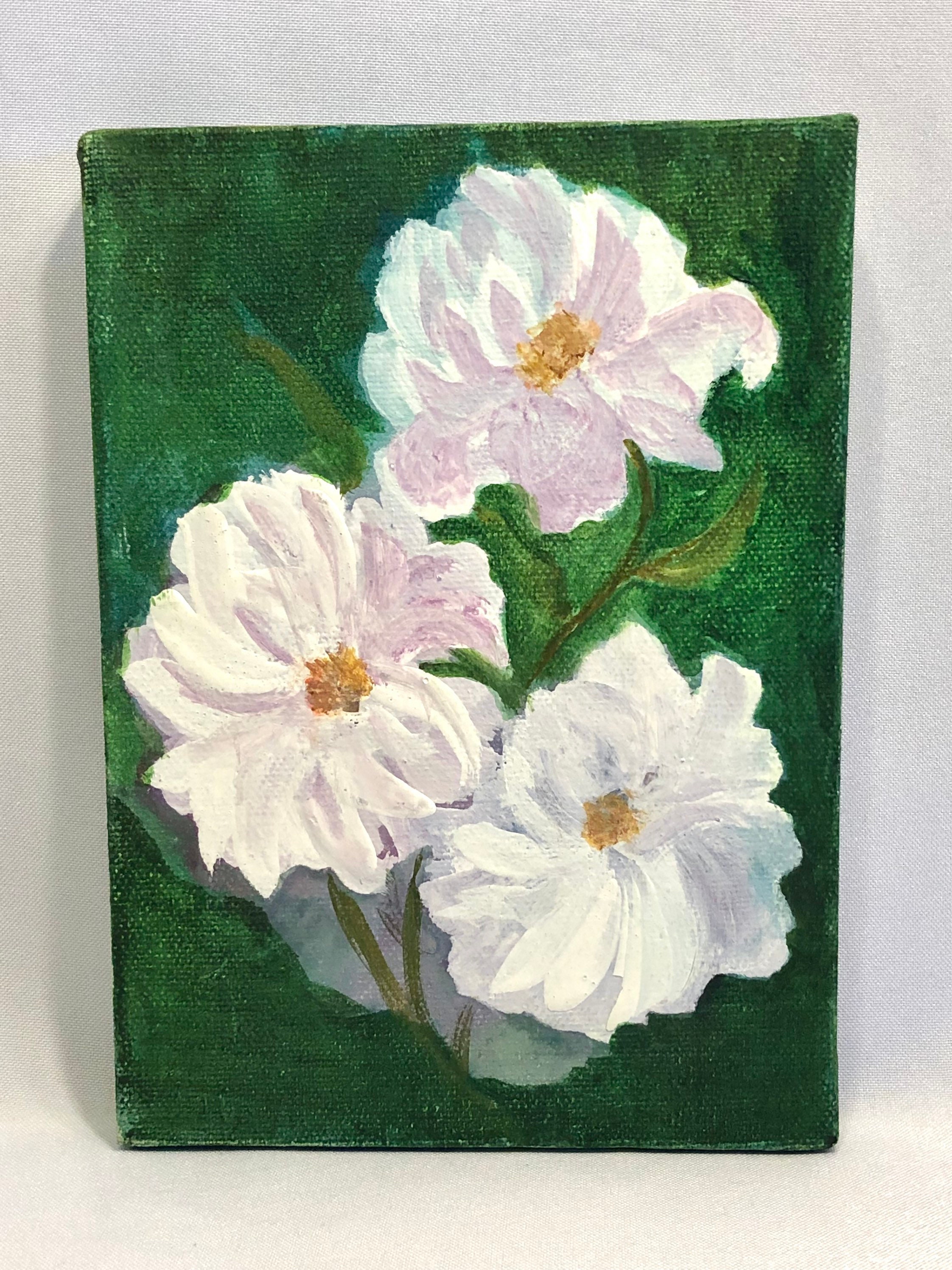Acrylic Painting - White Flowers-green Background 5