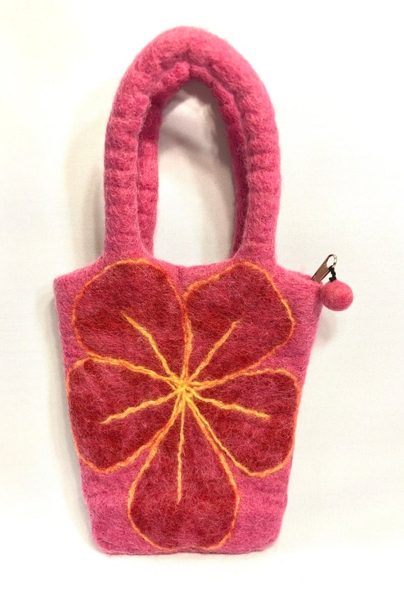 Pink Wool Handcrafted Purse-Flower Design-Made in… - image 6