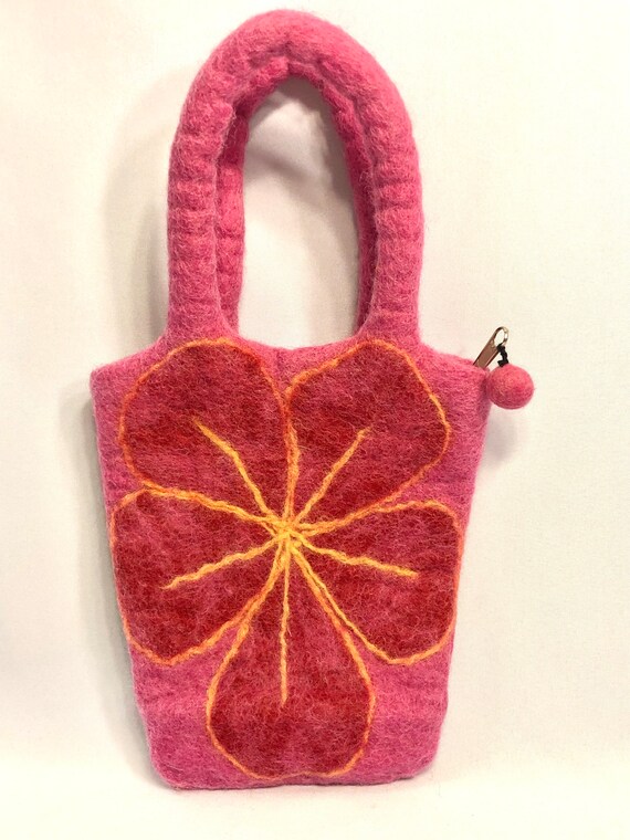 Pink Wool Handcrafted Purse-Flower Design-Made in… - image 4