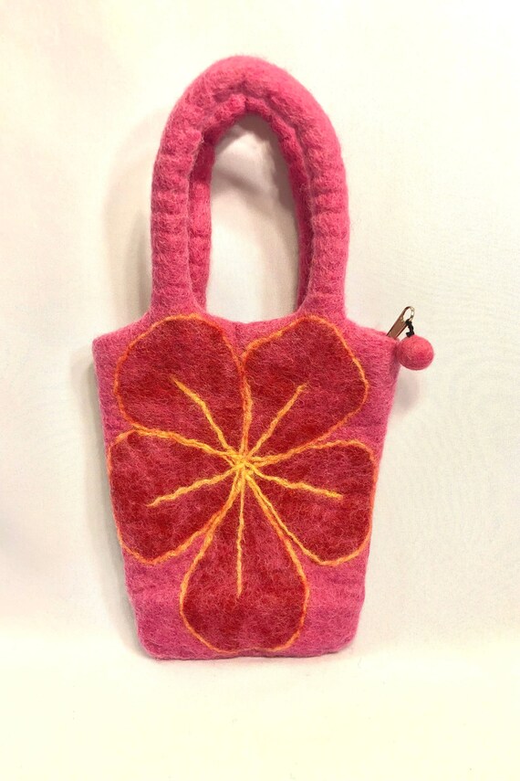 Pink Wool Handcrafted Purse-Flower Design-Made in… - image 2