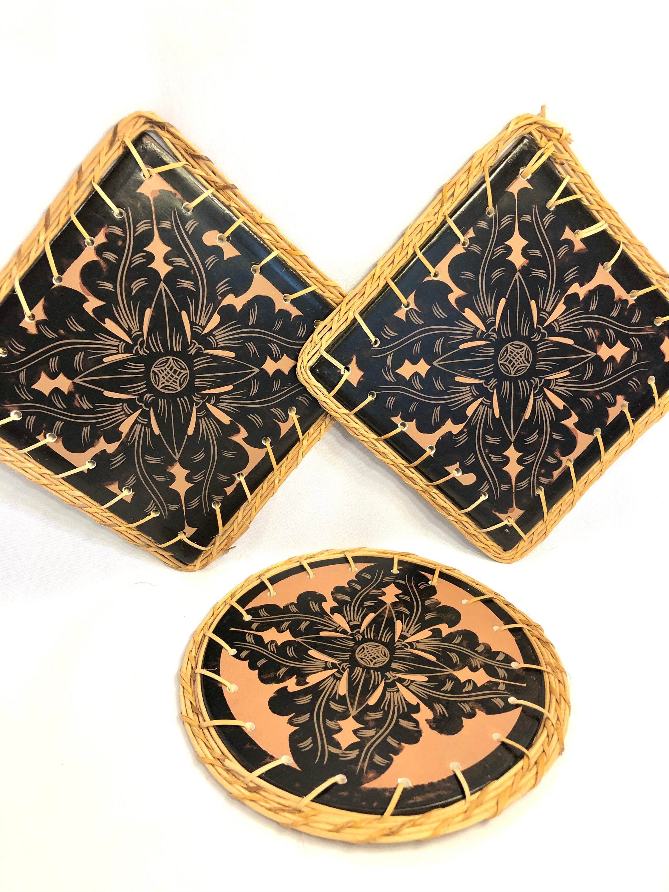 Ceramic Trivets Black and Terra Cotta Color Abstract Floral Etsy