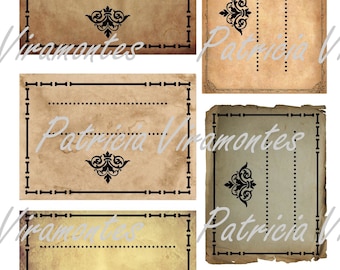 Könnte beinhalten: Fünf Etiketten im Vintage-Stil zum Ausdrucken mit einem verwitterten Hintergrund und schwarzen Rändern. Die Etiketten zeigen eine dekorative Verzierung und den Text "Patricia Viramontes".