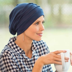 Snood ample 100 % coton pour femme Chapeau mou Bonnet ample Chapeaux Cancer Chapeaux de chimio Chapeau pour les patients atteints de cancer Couvre-chef Navy