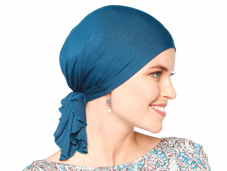 Soft Bamboo Slip-On Scarf Pre-Tied Scarves for Women Cancer Scarves Chemo Scarves Tichel & Head Covering Gifts for Cancer Patients Pacific Blue