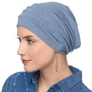 100% Cotton Slouchy Snood Hat for Women Slouch Hat Slouchy Beanie Cancer Hats Chemo Hats Hat for Cancer Patients Head Coverings Denim Chambrey