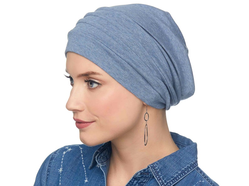 100% Cotton Slouchy Snood Hat for Women Slouch Hat Slouchy Beanie Cancer Hats Chemo Hats Hat for Cancer Patients Head Coverings Denim Chambrey