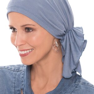 Deluxe Slip On Scarf in Luxury Cupro Fabric Chemo Pre Tied Scarves Denim