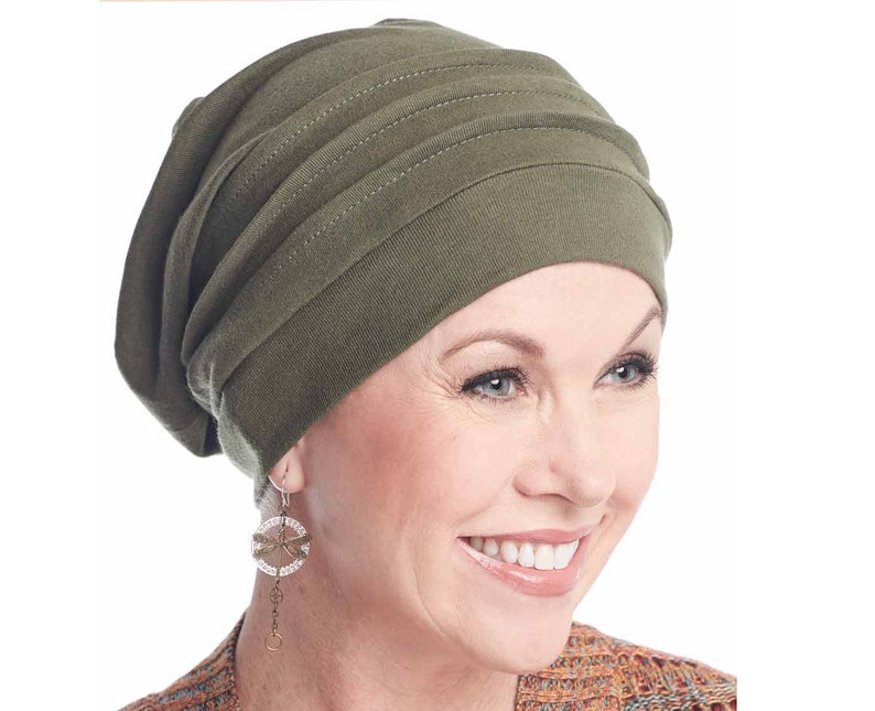 Snood ample 100 % coton pour femme Chapeau mou Bonnet ample Chapeaux Cancer Chapeaux de chimio Chapeau pour les patients atteints de cancer Couvre-chef Olive