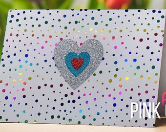 Rainbow Funfetti \ Confetti Foiled Birthday Card, Handmade Luxury 5"x7" Polka Dot and Glitter Heart Pattern Rainbow Card