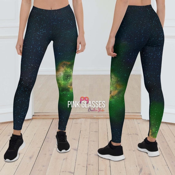 Electric Neon Green & Blue Nebula Space Pants, Celestial Milky Way Galaxy  Cyber Space Festival Aesthetic Soft Women's Yoga Workout Leggings 
