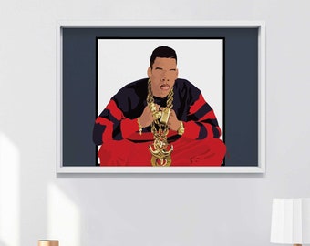 May include: A digital illustration of a man wearing a red and black jacket with a large gold chain necklace. The man is sitting with his arms crossed and looking directly at the viewer.