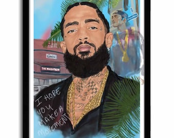 May include: A digital painting of a man with a beard and a gold chain. The background is a blue sky with palm trees and a building that says "The Marathon". The text "I hope you make a movement" is written in white on the bottom left of the image.