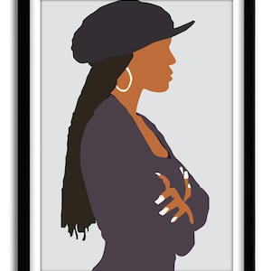 May include: A digital illustration of a woman with long dark hair wearing a black cap, a purple jacket, and large hoop earrings. The woman is looking to the right of the image.