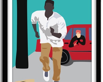 May include: A man in a white shirt and brown trousers runs away from a red car. The man is wearing a black baseball cap. The car has a person in the passenger seat wearing a red baseball cap.