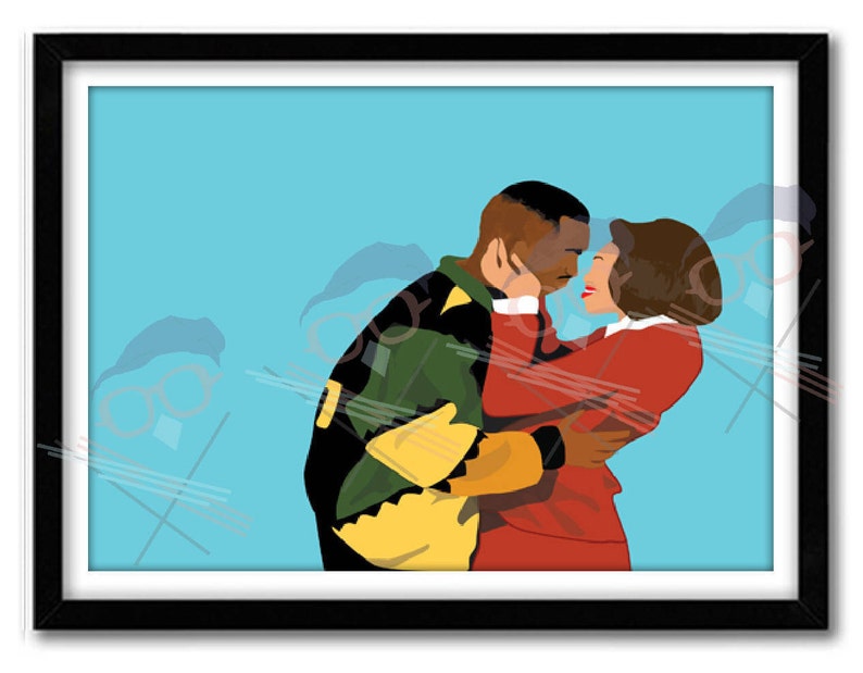 May include: A framed art print featuring a couple embracing, rendered in a minimalist style. The man wears a black jacket with yellow and green accents, while the woman is in a red suit. The background is a solid light blue.