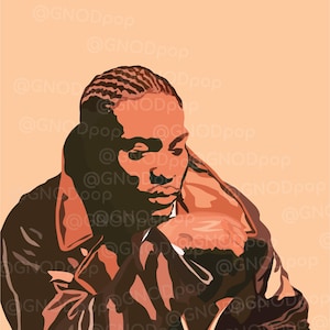 May include: Illustration of a person in a brown leather jacket, with a peach background. The person's head is tilted down, with a focused expression. The image has the text "@GNODpop" repeated across the image.