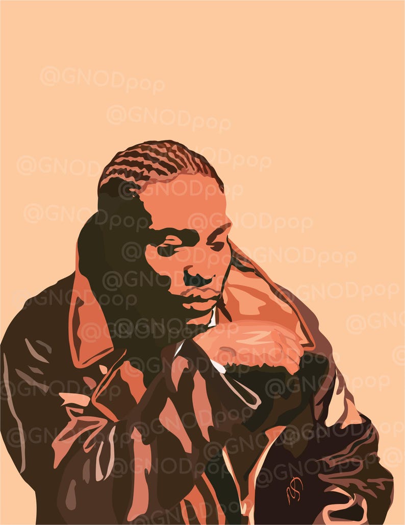 May include: Illustration of a person in a brown leather jacket, with a peach background. The person's head is tilted down, with a focused expression. The image has the text "@GNODpop" repeated across the image.