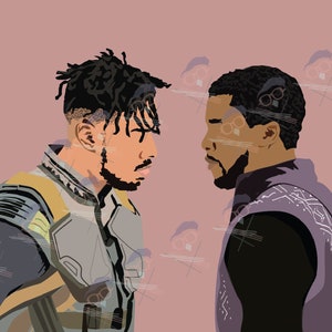 May include: A digital illustration of two Black men facing each other. The man on the left has dreadlocks and is wearing a gray and yellow suit. The man on the right has short hair and is wearing a purple and black suit.