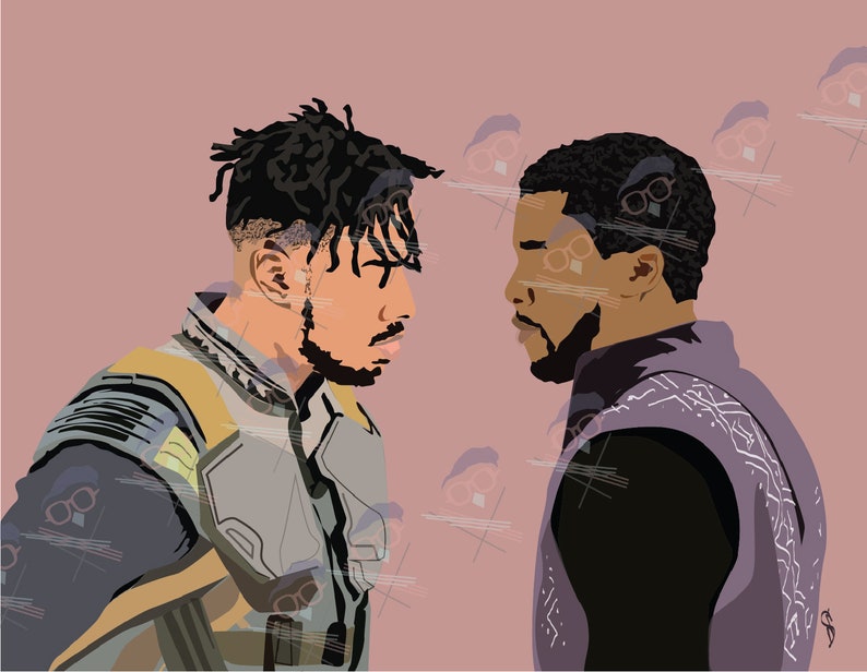 May include: A digital illustration of two Black men facing each other. The man on the left has dreadlocks and is wearing a gray and yellow suit. The man on the right has short hair and is wearing a purple and black suit.