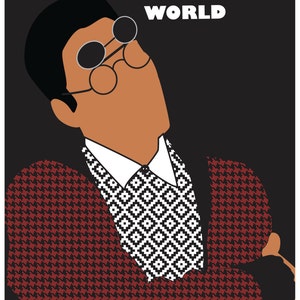 May include: A man wearing a red and black patterned jacket, a white shirt with a black and white geometric pattern, and round glasses. The text "IT'S A DIFFERENT WORLD" is written in white letters on a black background.