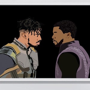 May include: A digital illustration of two Black men facing each other. The man on the left is wearing a yellow and gray suit with a black background. The man on the right is wearing a purple and black suit with a black background.