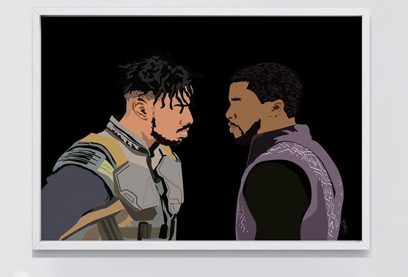 May include: A digital illustration of two Black men facing each other. The man on the left is wearing a yellow and gray suit with a black background. The man on the right is wearing a purple and black suit with a black background.