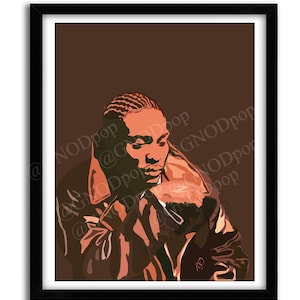 May include: A framed art print featuring a stylized illustration of a person in a brown leather jacket. The artwork has a warm color palette with shades of brown and orange. The print is in a black frame.