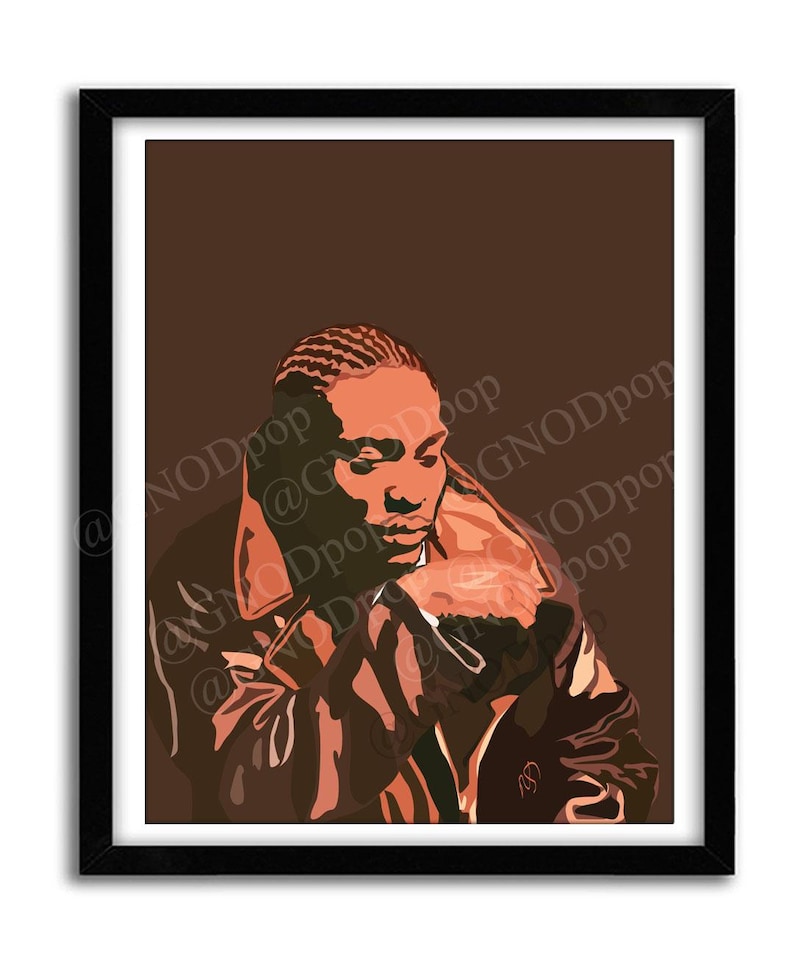 May include: A framed art print featuring a stylized illustration of a person in a brown leather jacket. The artwork has a warm color palette with shades of brown and orange. The print is in a black frame.