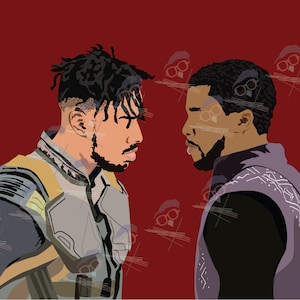 May include: Two men stand facing each other, both wearing black and gray costumes. The man on the left has dreadlocks and a beard, while the man on the right has short hair and a beard. The background is a solid red color.