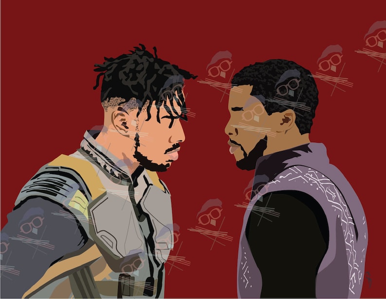 May include: Two men stand facing each other, both wearing black and gray costumes. The man on the left has dreadlocks and a beard, while the man on the right has short hair and a beard. The background is a solid red color.