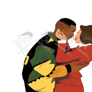 May include: Illustration of a couple embracing. The man wears a black jacket with green and yellow accents. The woman is in a red suit. The background is white.