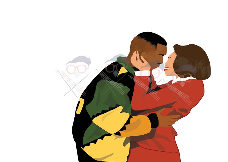 May include: Illustration of a couple embracing. The man wears a black jacket with green and yellow accents. The woman is in a red suit. The background is white.