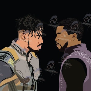 May include: Two men stand facing each other, both wearing black and gold costumes. The man on the left has dreadlocks and a beard, while the man on the right has short hair and a beard. The background is black.