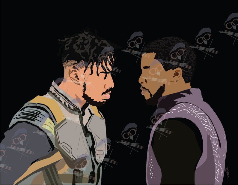 May include: Two men stand facing each other, both wearing black and gold costumes. The man on the left has dreadlocks and a beard, while the man on the right has short hair and a beard. The background is black.