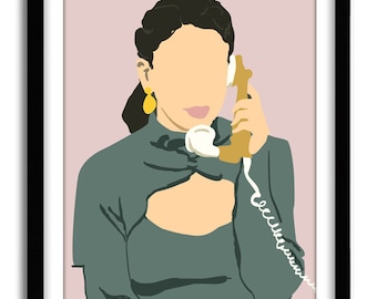 May include: A woman with dark hair is on the phone. She is wearing a green dress with a cut-out detail and gold earrings. The background is a light pink color.