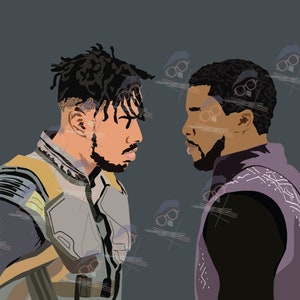 May include: Two men, one with dreadlocks and one with short hair, stand facing each other. They are both wearing dark clothing with intricate designs. The man with dreadlocks is wearing a yellow and gray vest, while the man with short hair is wearing a purple vest.